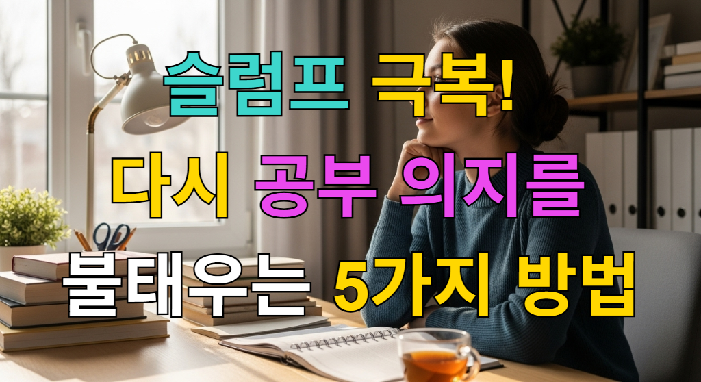 아침 햇살이 비치는 책상에 앉아 창밖을 보며 공부 슬럼프 극복 의지를 다지는 학생.