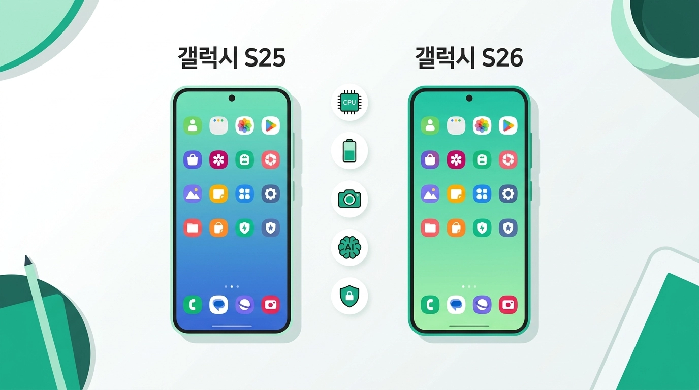 갤럭시 S26과 갤럭시 S25를 나란히 놓고 비교하는 모습