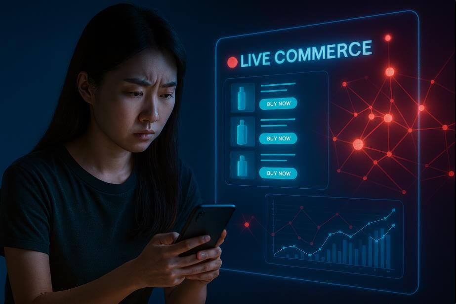 어두운 배경 속에서 한국인 소비자가 스마트폰 화면을 들여다보는 모습.