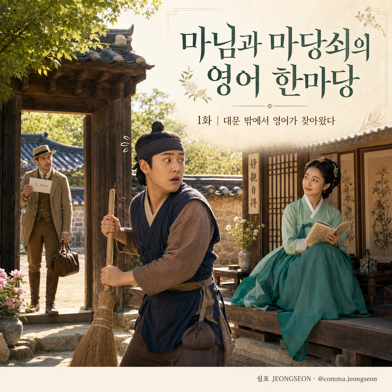 초여름 한옥 마당에서 빗자루를 든 마당쇠가 외국 손님의 방문에 놀라고, 대청마루의 마님이 책을 든 채 미소 짓는 로맨틱 사극 영어 드라마 장면