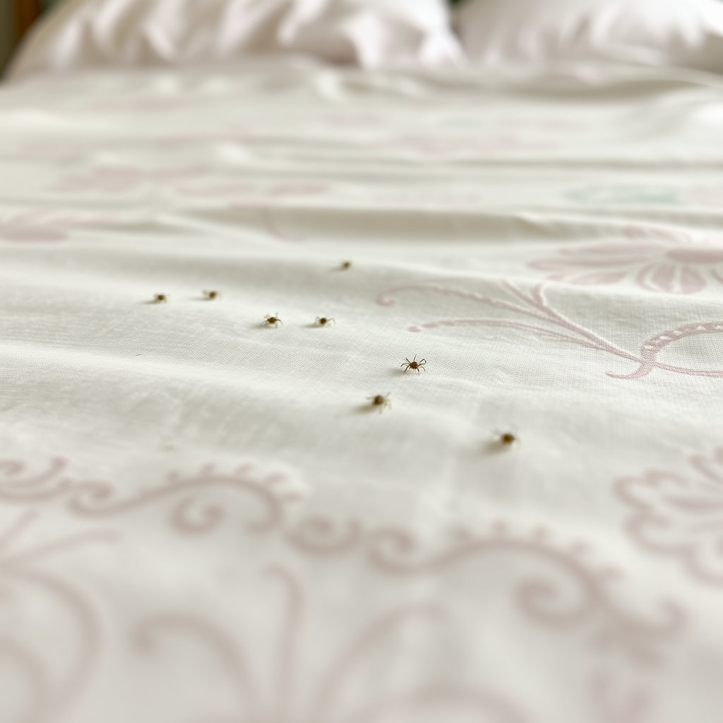 침대 이불 위 작은 벌레
