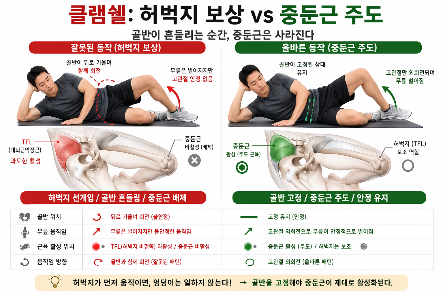 &ldquo;클램쉘: 허벅지 보상 vs 중둔근 주도&rdquo;