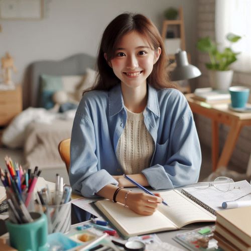 책상에 앉아 있는 여자 대학생