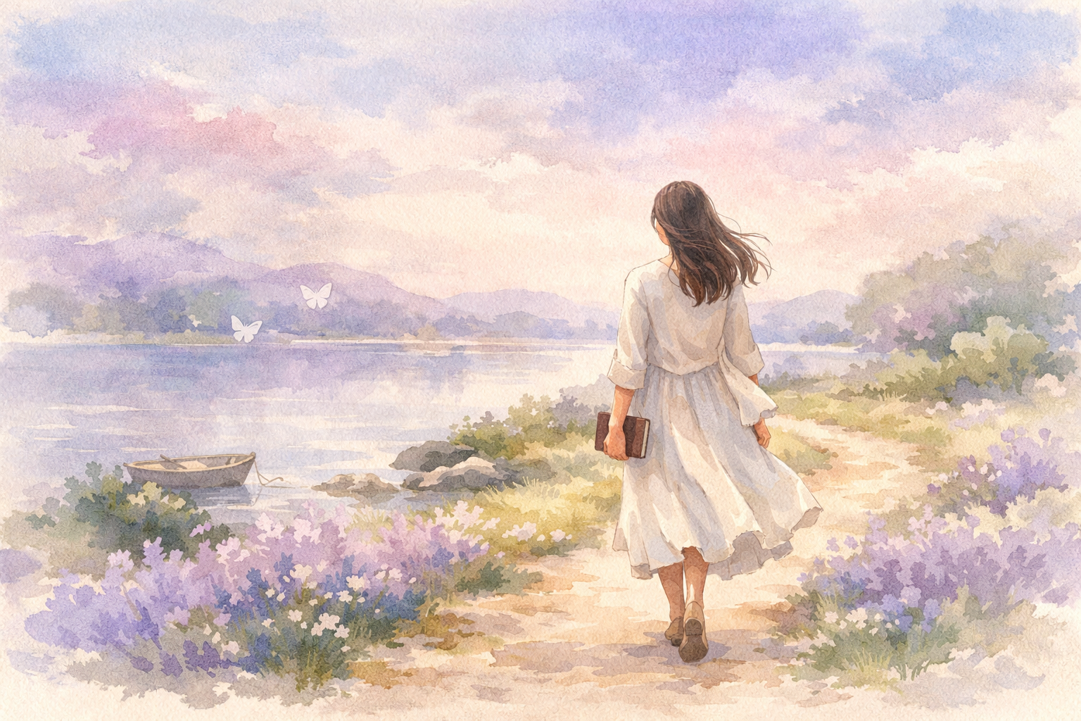 마음의 속도를 늦추는 연습 &ndash; 수채화 일러스트, 흰 린넨 원피스를 입은 여성이 책을 들고 라벤더 꽃길을 천천히 걷는 뒷모습, 호수와 나비가 있는 봄 풍경