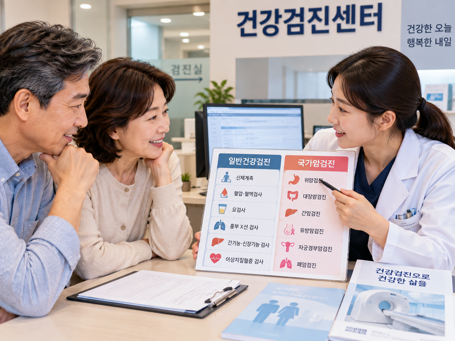 건강검진센터에서 일반검진과 암검진 항목을 상담하는 중장년 사용자