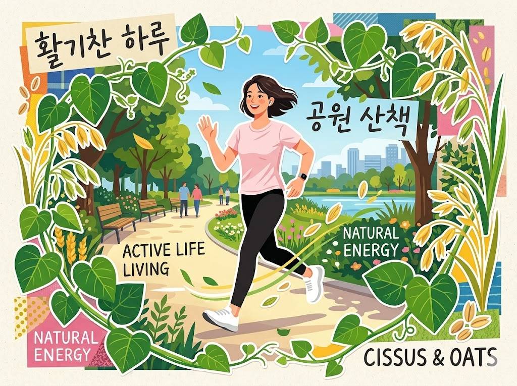 가벼운 옷차림의 한국인 여성이 활기차게 공원을 걷고 있고 주변에 시서스 잎과 귀리가 조화롭게 배치된 콜라주 스타일의 벡터 이미지