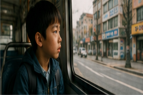 버스에 혼자 앉은 어린이가 낯선 상점과 거리가 보이는 창밖을 불안하게 바라보는 모습
