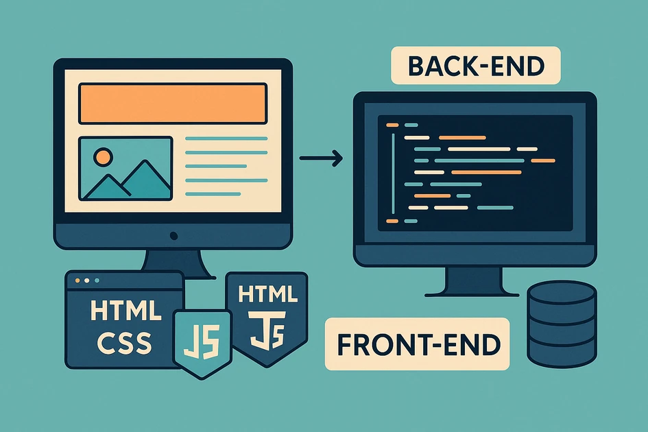 웹 개발의 프런트엔드와 백엔드를 두 개의 모니터로 표현한 일러스트