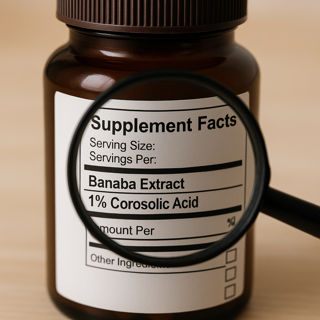 갈색 보틀 라벨을 돋보기로 확대해 코로솔산 1% 표준화를 확인하는 장면