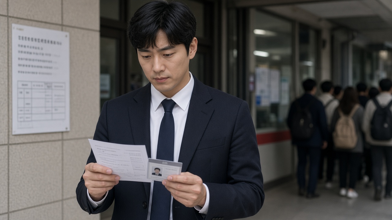 시험장 앞에서 수험표와 신분증을 꺼내는 30대 한국인 취업준비생