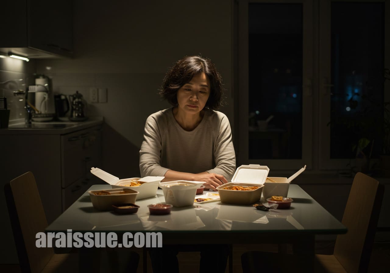 주방 테이블에 펼쳐진 배달 음식 포장지를 바라보며 생각에 잠긴 50대 한국 여성의 뒷모습입니다.
재도전을 위한 결심이 분위기 속에 담겨 있습니다.