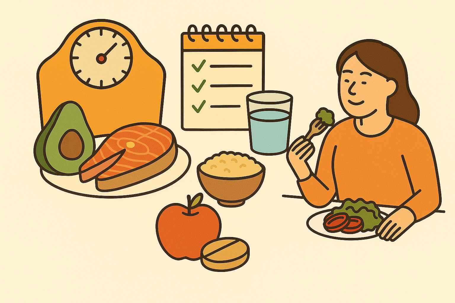 체중 감량을 위한 균형 잡힌 영양 비율, 칼로리 조절, 지속 가능한 식습관을 표현한 이미지