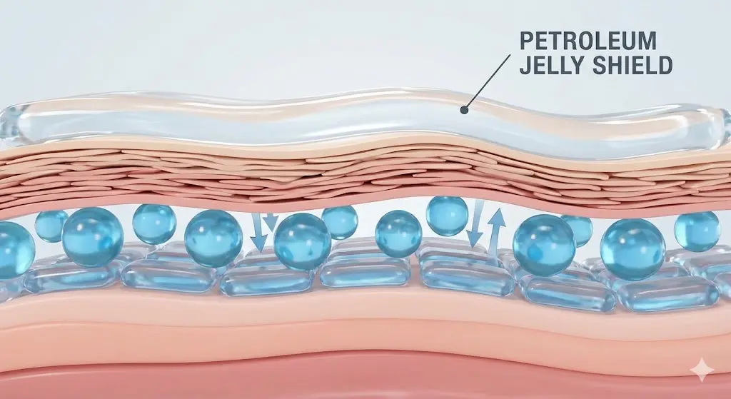 바세린의 피부 수분 증발 차단 원리와 보습 효과 인포그래픽