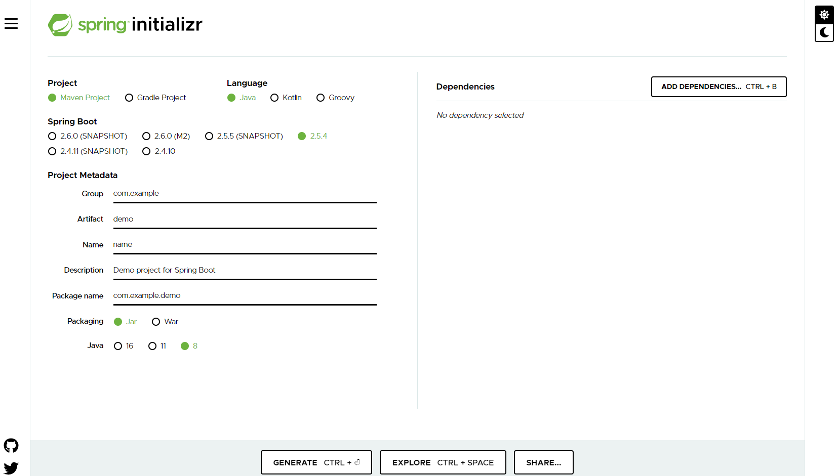 Spring Initializr 홈페이지