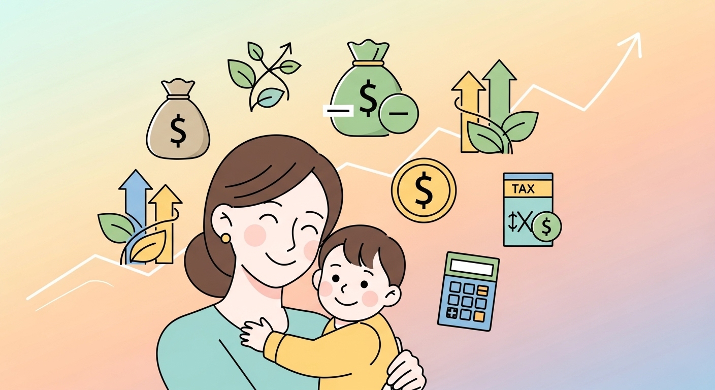 자녀와 함께 웃는 엄마 주변으로 보육수당과 세금 공제 아이콘이 떠다니는 그래픽 일러스트