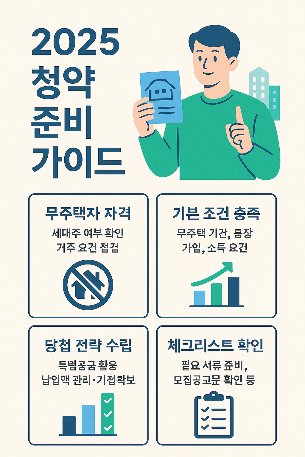 2025 청약 준비 가이드 대표 인포그래픽: 무주택자 조건과 전략을 시각적으로 정리한 이미지