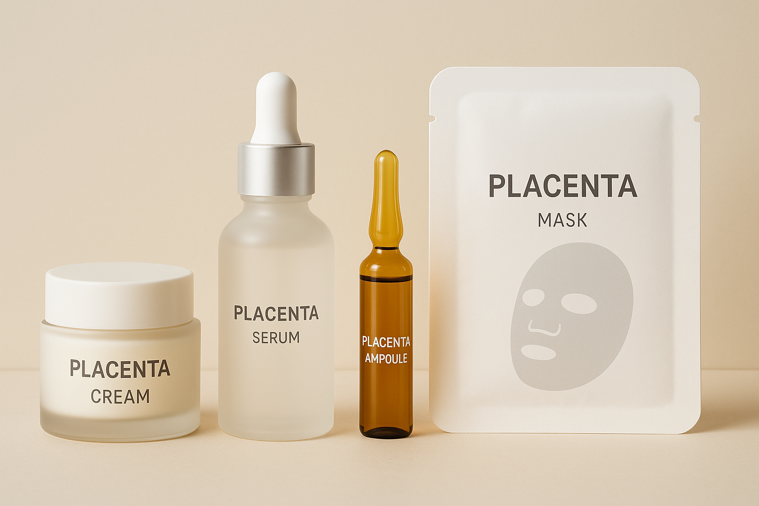 태반화장품의 종류가 다양하게 테이블에 놓여져 있는 이미지