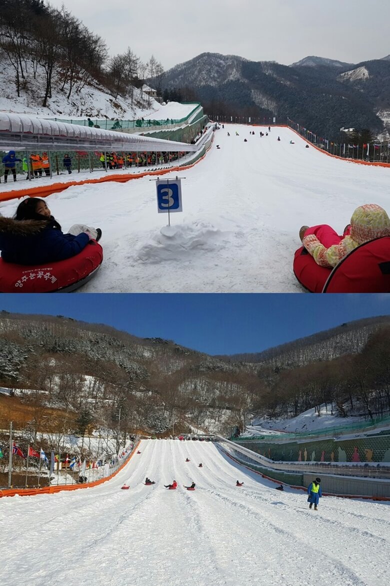 상단사진은 200M의 슬로프에서 눈썰매를 타기 위해 대기하고 있는 두명의 여자 아이가 뒤돌아보며 조금 무서운듯한 표정을 하고 있는 모습이며 하단사진은 높은 곳에서 내려오며 눈썰매를 타고있는 9명의 아이들 모습과 썰매장 전경