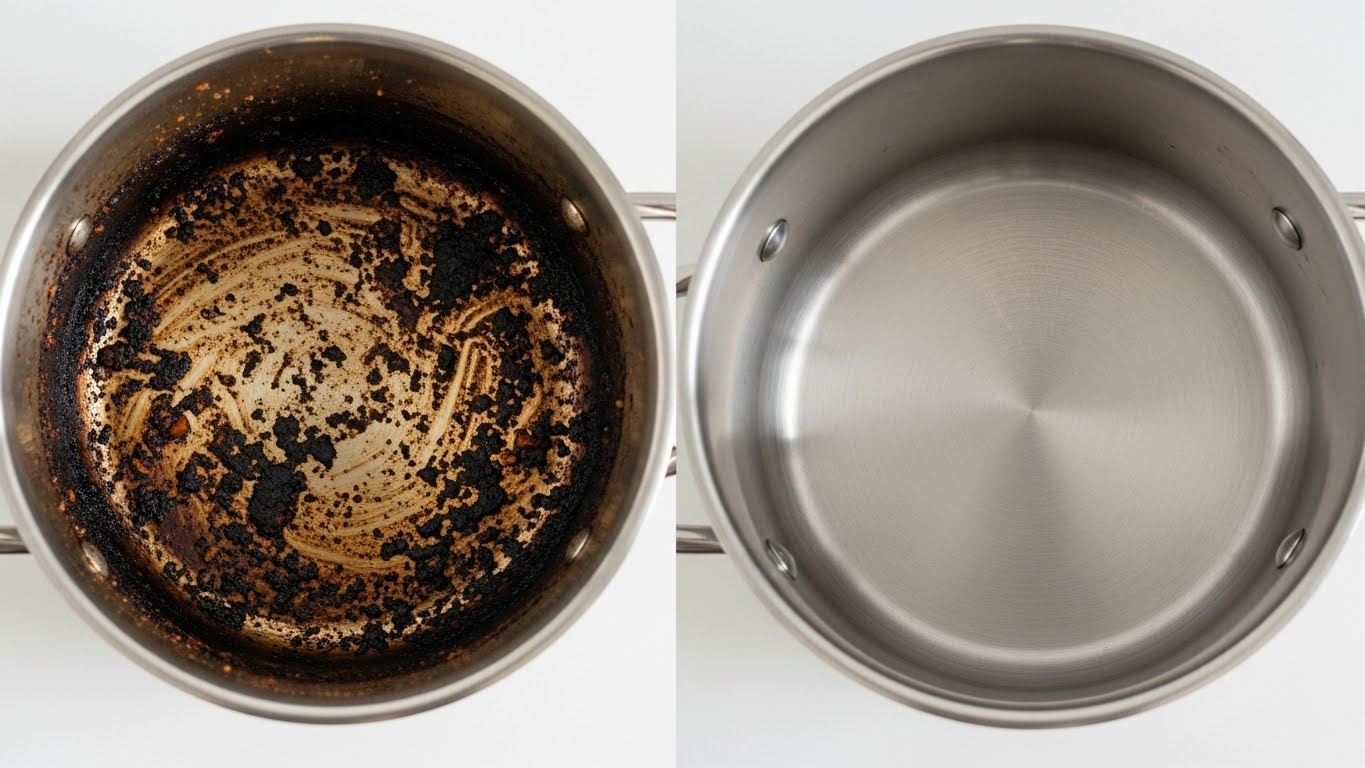 시커멓게 탄 냄비가 세척 후 반짝이는 새 냄비로 변한 비교 모습