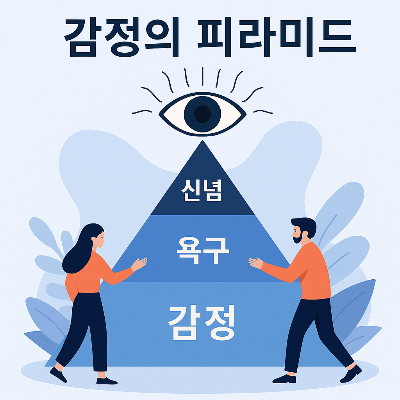 감정의 피라미드 구조를 보여주는 일러스트. 감정, 욕구, 믿음이 피라미드 형태로 연결되어 있으며, 각 층에는 다양한 감정과 인간 욕구를 상징하는 아이콘이 포함되어 있다.