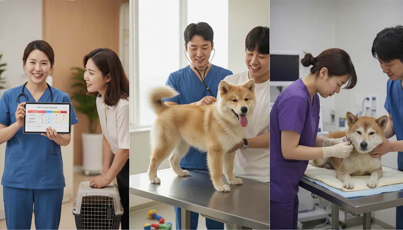 강아지 건강검진 패키지를 설명하는 수의사와 보호자, 그리고 연령대별 강아지가 검진받는 모습의 3단 세트 이미지