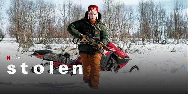 넷플릭스 영화 《Stolen》의 공식 홍보 스틸컷 : 눈 덮인 설원 속에서 모자와 방한복 차림의 주인공이 총을 들고 걸어 오고 있음.