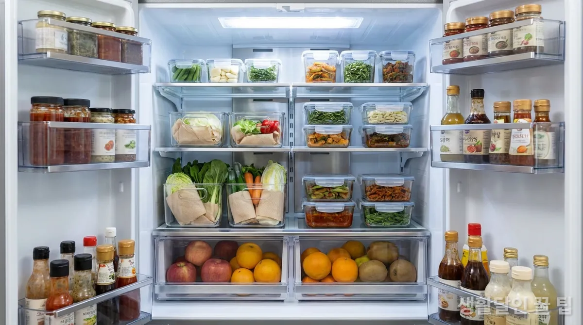 한국 가정의 냉장고 내부가 깔끔하게 정리되어 식재료가 신선하게 보관된 모습