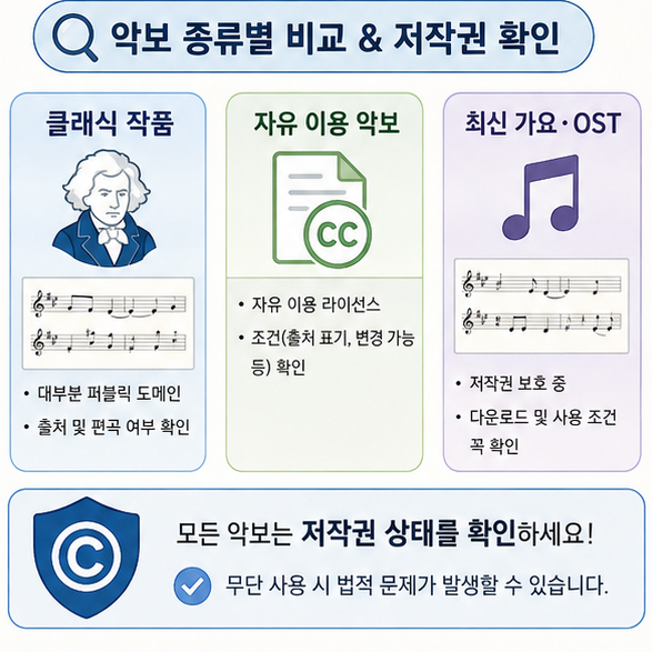 클래식 작품, 자유 이용 악보, 최신 가요와 OST의 저작권 확인 기준을 비교한 이미지
