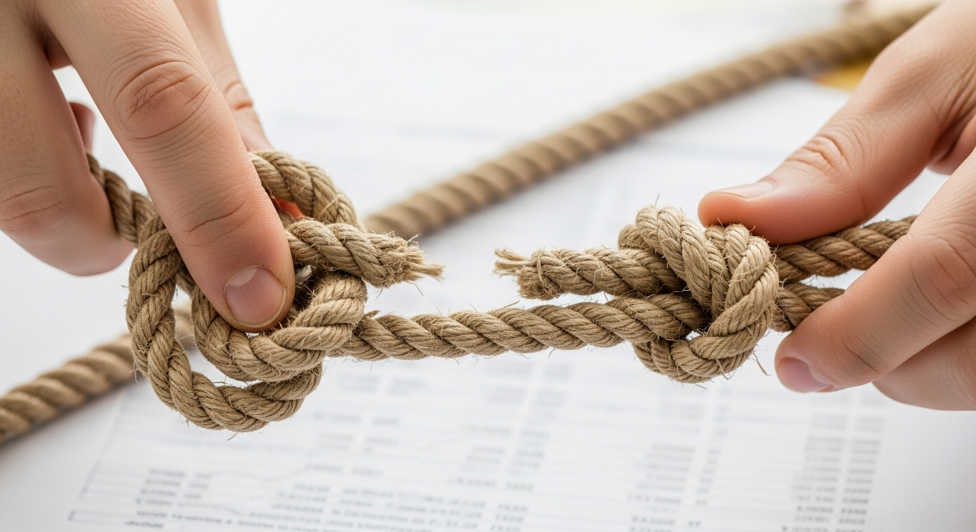 복잡하게 얽힌 빚 문제를 해결하고 새로운 시작을 알리는 듯한 손 이미지. 신속채무조정의 실질적인 도움을 시각적으로 표현.