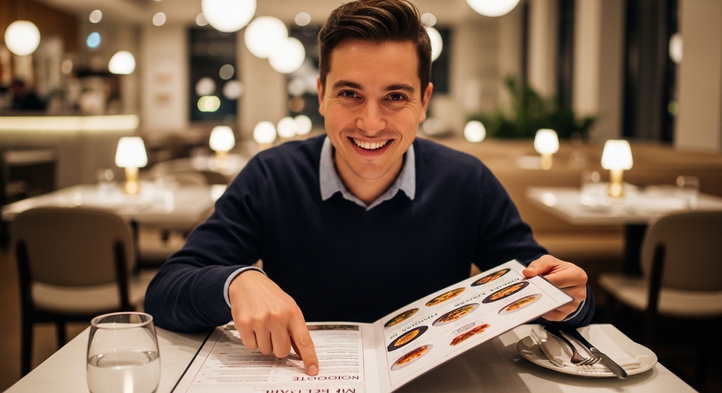 혼자 식당에서 메뉴판을 보며 행복하게 음식을 고르는 사람. 자기 결정권의 기쁨을 나타냅니다.