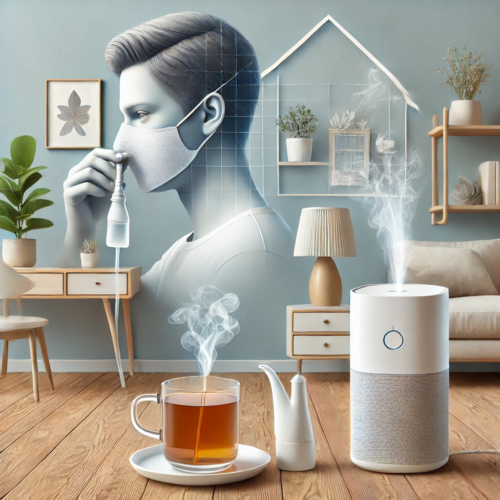 비염 완화에 효과적인 방법을 상징하는 이미지, 코 세척과 따뜻한 차, 공기청정기를 포함한 힐링 콘셉트