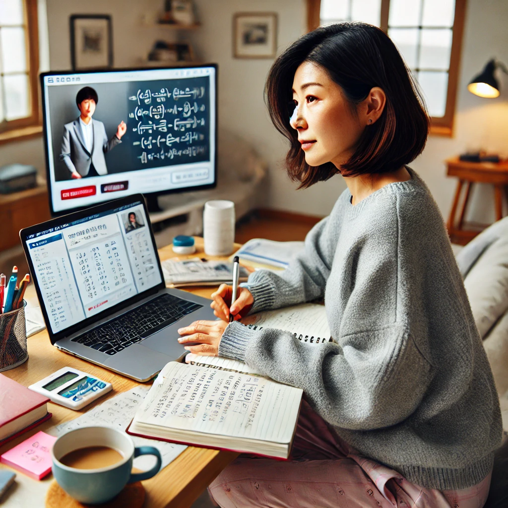 검정고시수업을 노트북으로 듣고 있는 중년여성