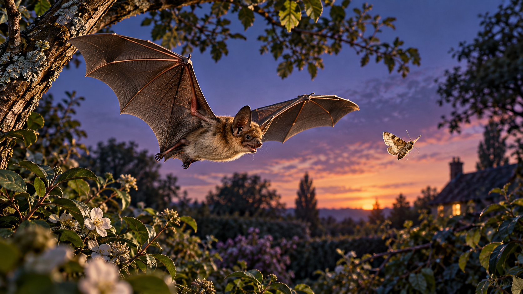 An insect-eating bat approaching a moth in a garden at dusk