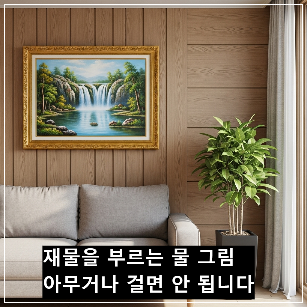 재물운을 위해 거실 벽면에 걸린 세련된 풍수 물 그림 액자 인테리어