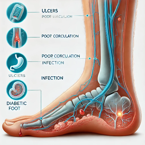 당뇨발(디아베틱 풋)과 관련된 의료 일러스트. 당뇨발의 궤양, 혈액순환 장애, 감염 등의 증상을 시각적으로 표현한 이미지
