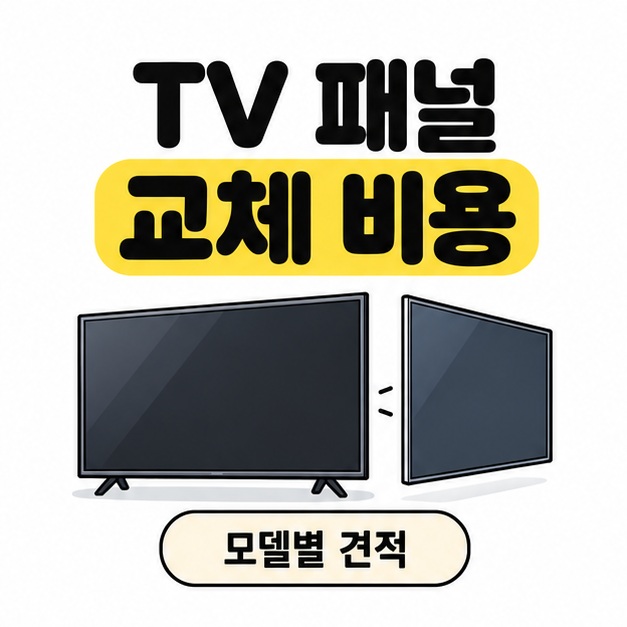 TV 패널 교체 비용이라는 제목 아래 TV 본체와 분리된 화면 패널, 모델별 견적 문구가 배치된 대표 이미지