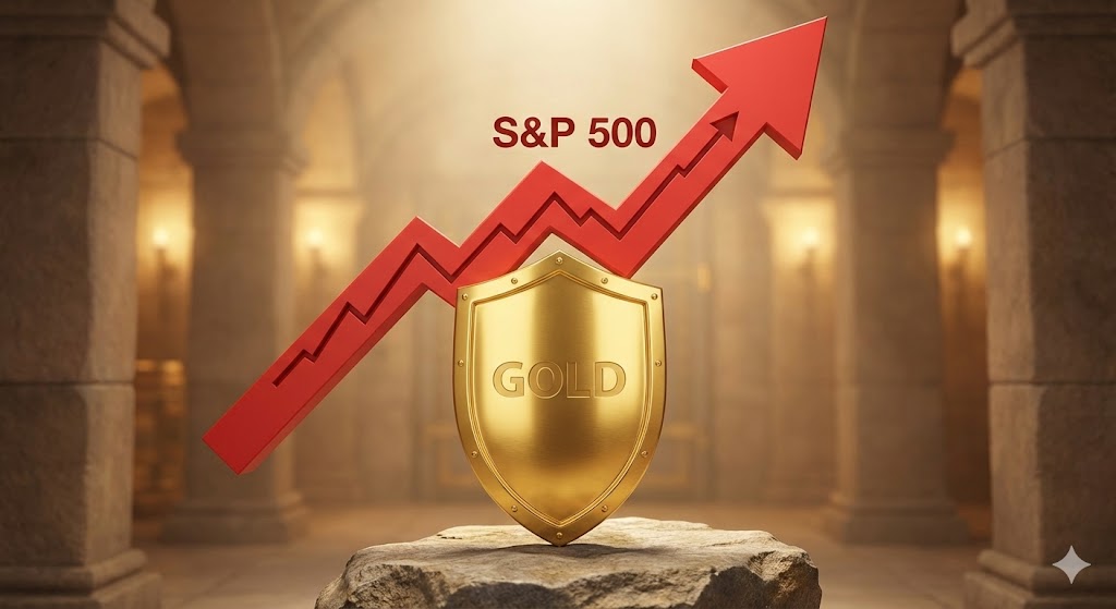 우상향하는 S&P 500 그래프를 황금색 방패(Gold)가 든든하게 받쳐주고 있는 일러스트