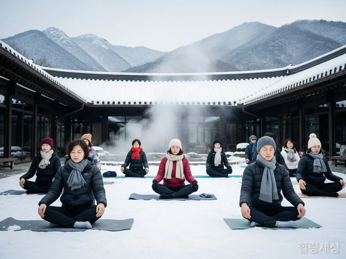 눈 쌓인 산 속 한국 웰니스 스테이에서 명상하는 사람들