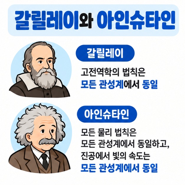 갈릴레이 상대성과 아인슈타인 특수상대성이론의 차이와 빛의 속도 불변 원리를 비교한 카드뉴스