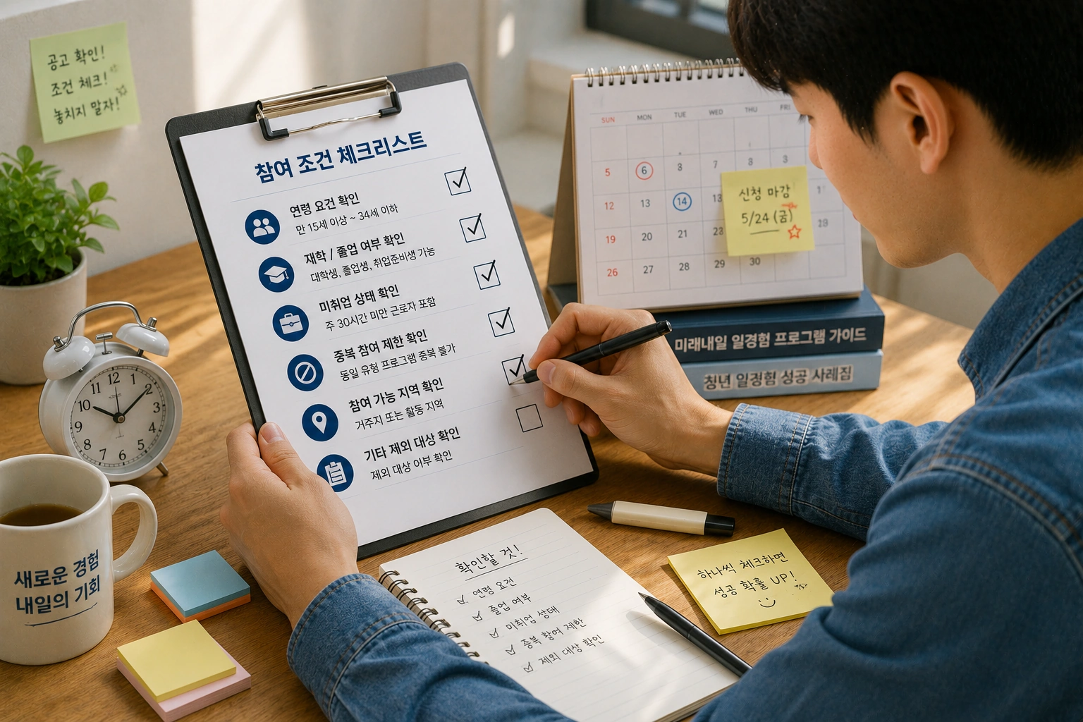 청년이 미래내일 일경험 참여 조건 체크리스트를 확인하며 신청 자격을 점검하는 모습 
