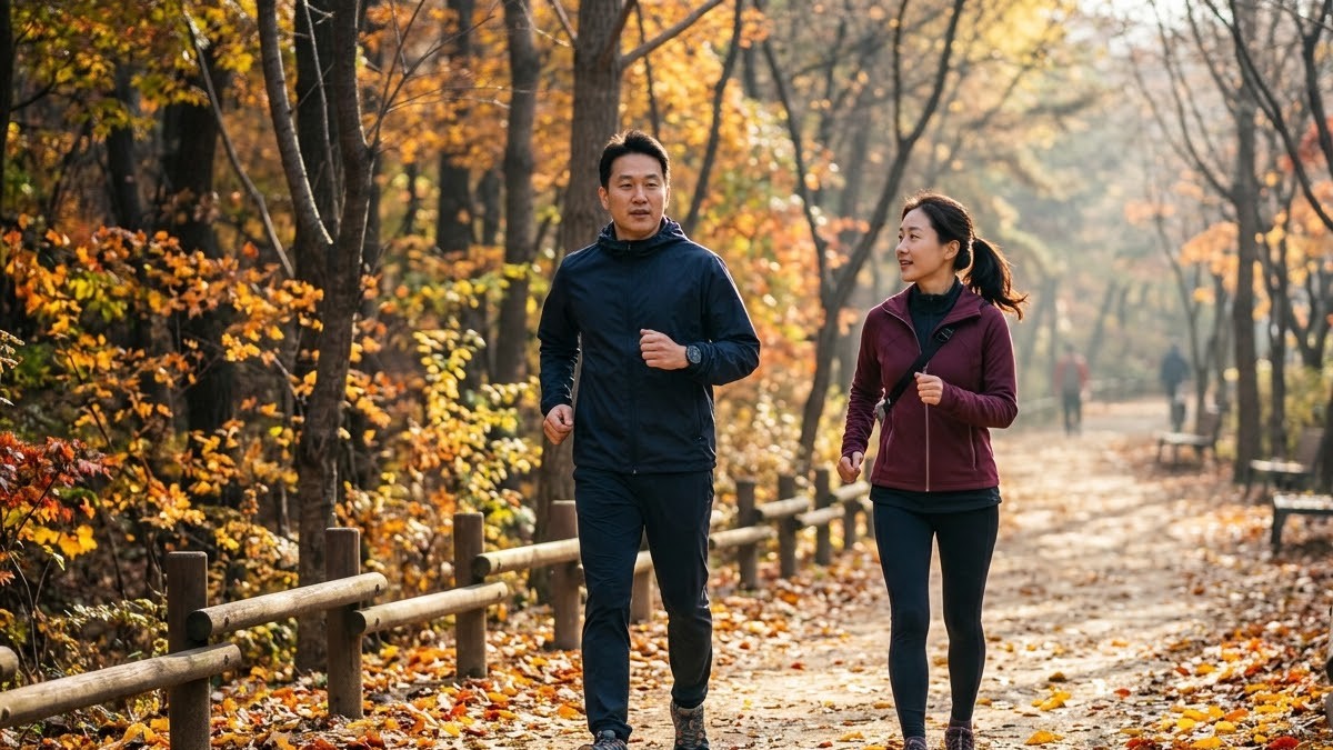 가을 공원 산책로를 활기차게 걷는 부부