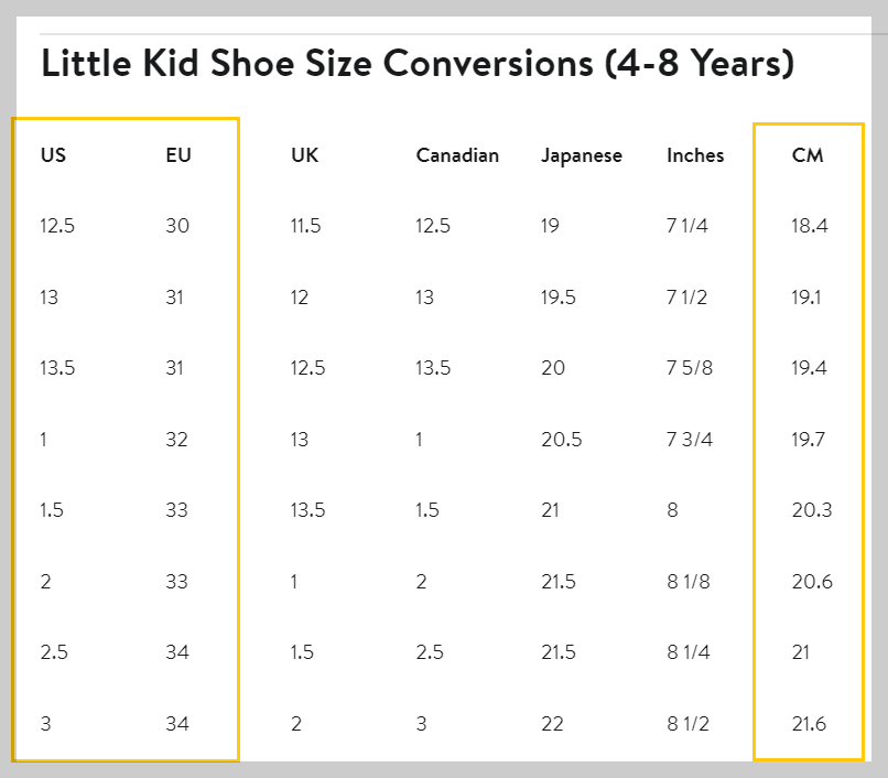 미국쇼핑몰 신발사이즈표 (키즈)