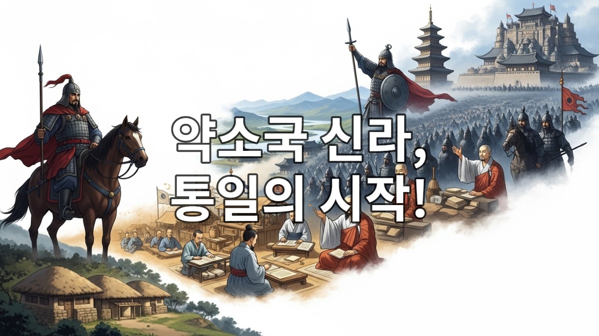 약소국에서 강대국으로 성장한 신라의 역사적 여정을 그린 그림. 광개토대왕의 도움을 받던 초기 신라의 모습부터 지증왕, 법흥왕의 국가 기반 다지기, 진흥왕의 한강 유역 정복, 선덕여왕의 호국불교 건축까지의 발전 과정을 담고 있습니다.