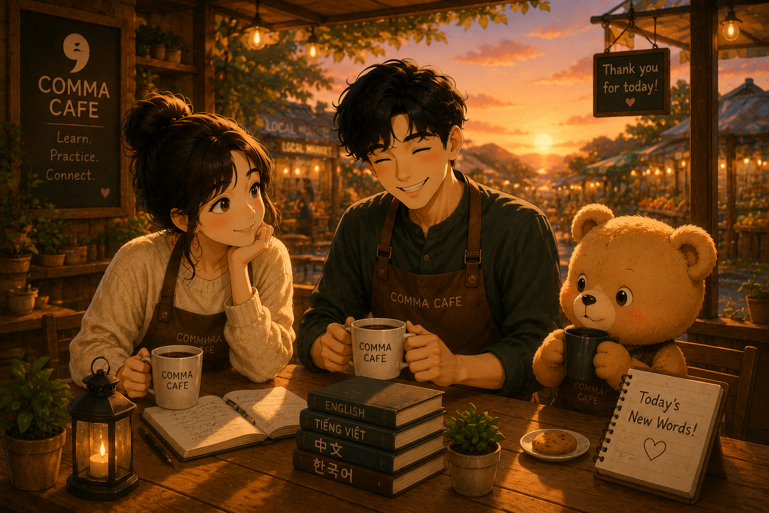 노을 속 COMMA CAFE에서 하루를 마무리하는 쉼표, 푸름, 은돌이
