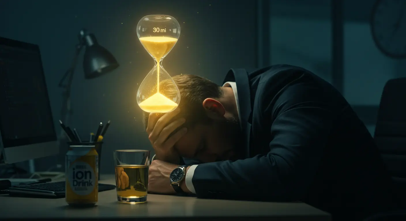 숙취로 고통받는 직장인이 책상에 엎드려 있고, 30분을 나타내는 황금빛 모래시계가 떠있으며 이온음료와 꿀물이 놓여있는 모습