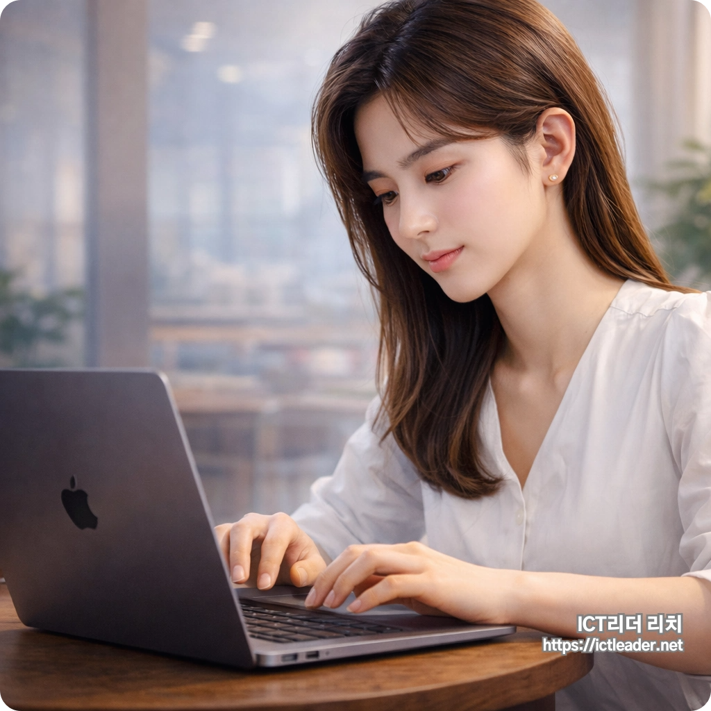 맥북 에어 M4 앞에서 자연스럽게 집중하고 있는 밝고 깨끗한 인상의 여성. 깔끔한 분위기의 카드형 정사각형 썸네일.