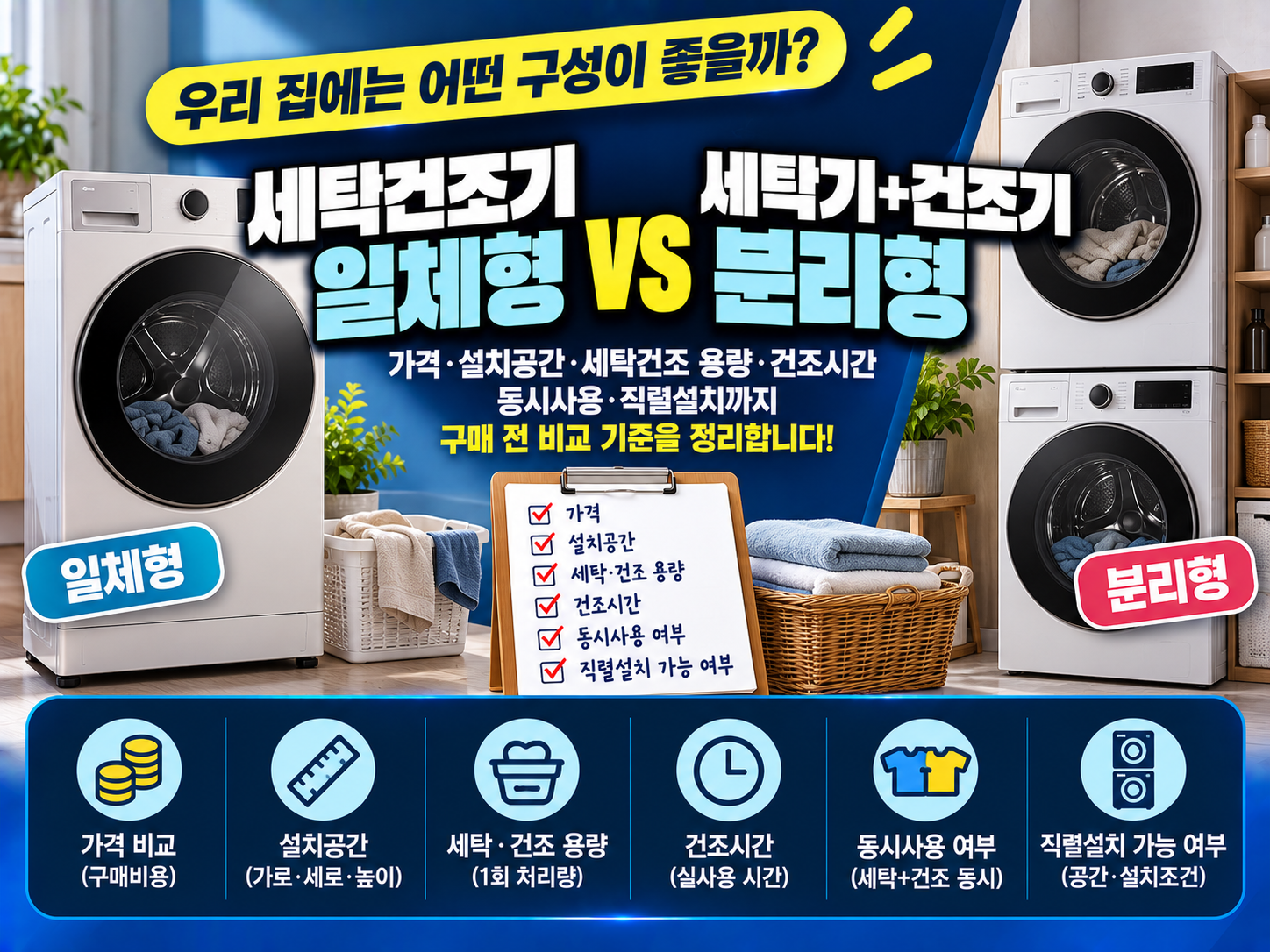 세탁건조기 일체형 vs 분리형, 무엇이 우리 집에 맞을까요? 가격&middot;설치공간&middot;세탁건조 용량&middot;건조시간&middot;동시사용과 직렬설치까지 구매 전 비교 기준을 정리합니다.