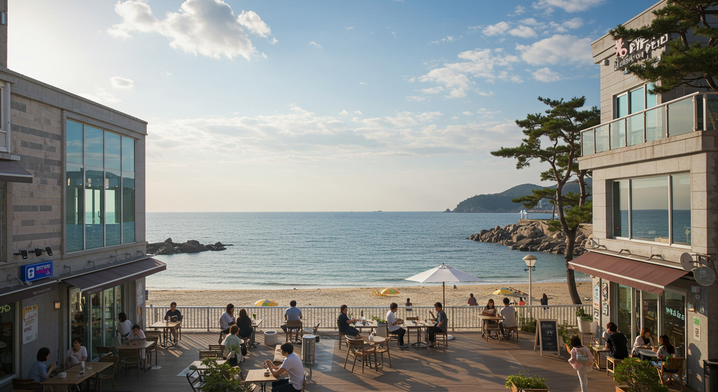 강릉 안목해변 카페거리에서 바다를 바라보며 여유를 즐기는 한국인들.