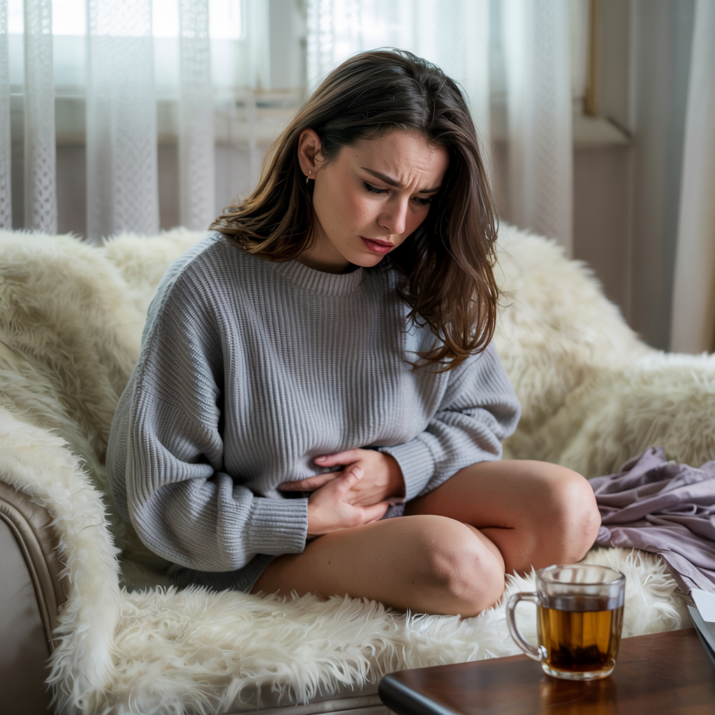 배를 움켜쥐고 고통스러운 표정을 짓고 있는 젊은 여성, 생리통으로 힘들어하는 모습