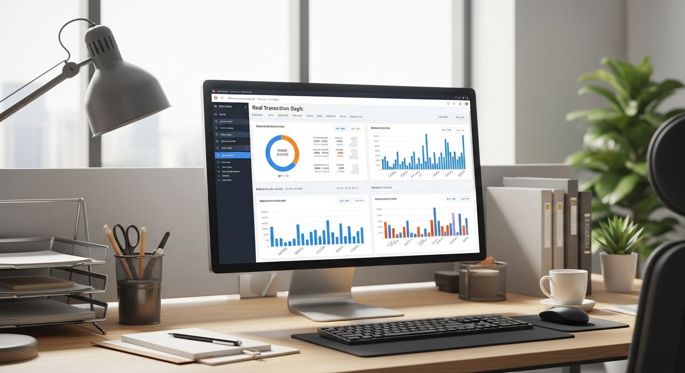 컴퓨터 모니터에 실거래가 데이터가 띄워진 장면, 깔끔한 책상